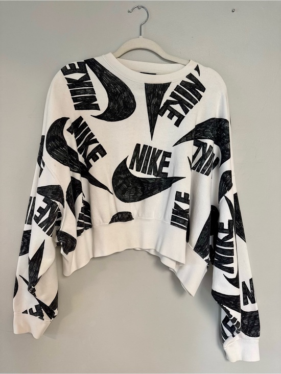 Nike Tops - Nike Women's White Cropped Sweatshirt with Black Swoosh Logo Print
